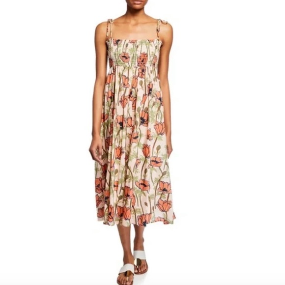 Tory Burch Cotton Voile Midi Dress Smocked Pink Poppies Floral Size M Lined